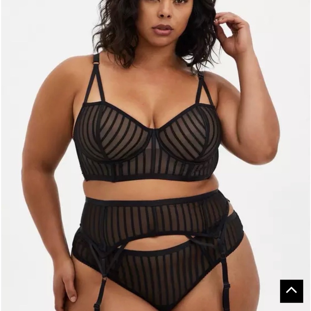 Torrid Striped Mesh Longline Bra & Garter Brief Set - Black